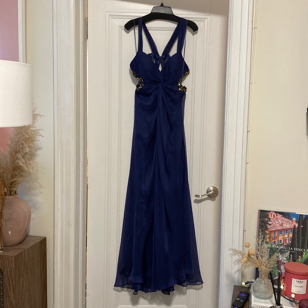 La Femme Navy Cut Out Prom Dress